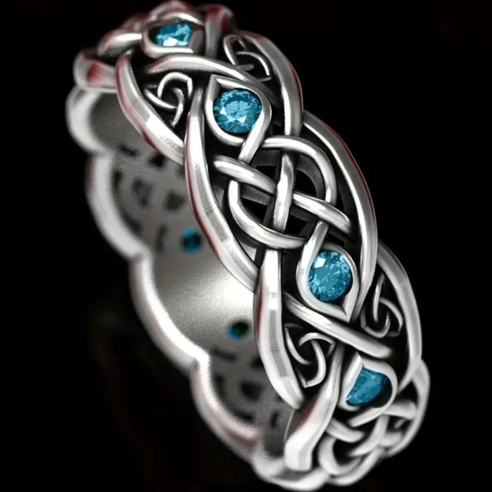 Celtic Blue Rhinestone Ring Wolf Pattern Double Wolf Rhinestone NWT - Picture 2 of 12